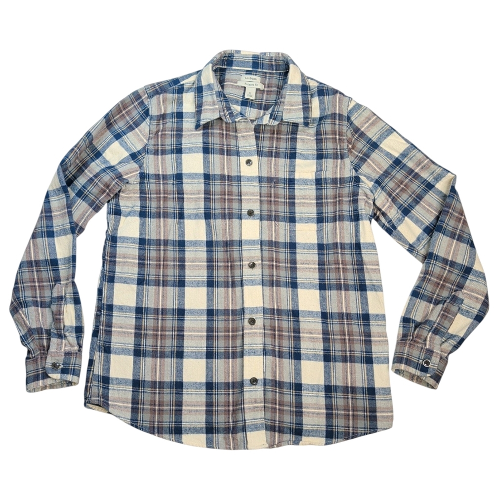 LL Bean Women's Medium Flannel Shirt Blue Plaid Cotton Long Sleeve Button Down